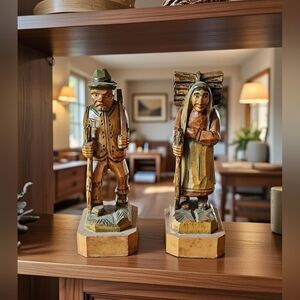 Vintage Hand Carved Wooden Peasant Couple Folk Art Woodcutter Figurines